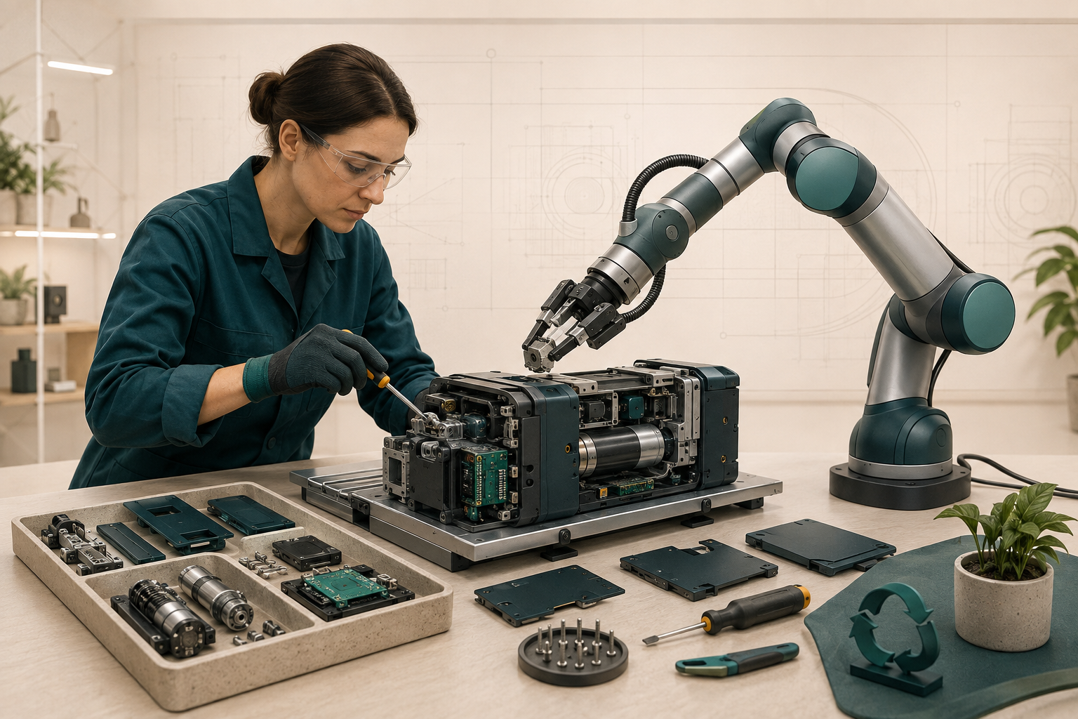 Schéma d’une cellule homme-cobot dédiée à l’assemblage et au désassemblage d’un produit modulaire